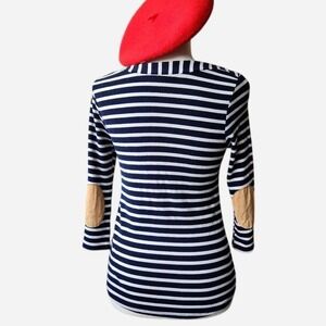 Monteau Striped Cotton Top Navy and White 3/4 Sleeves Suede Elbow Patches